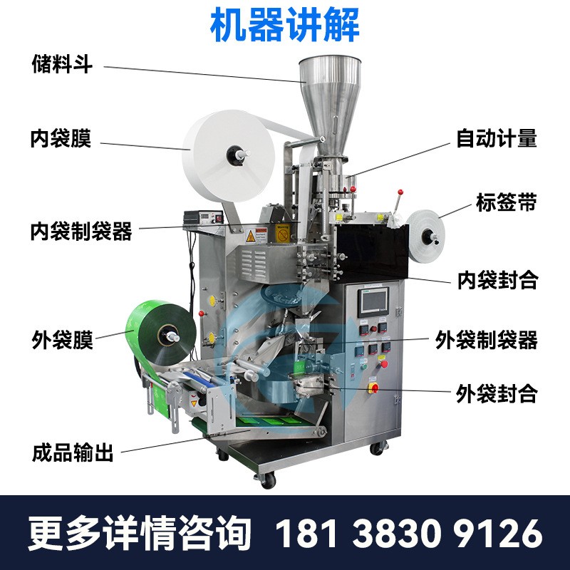 全自动袋泡茶包装机 三边封内外袋茶叶包装机 无纺布绿茶包装机图3