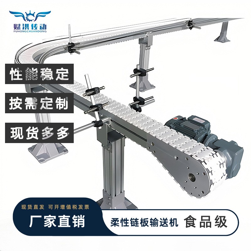 赋洪柔性链板食品灌装缓存90度转弯齿形塑料平顶爬坡提升输送机图2