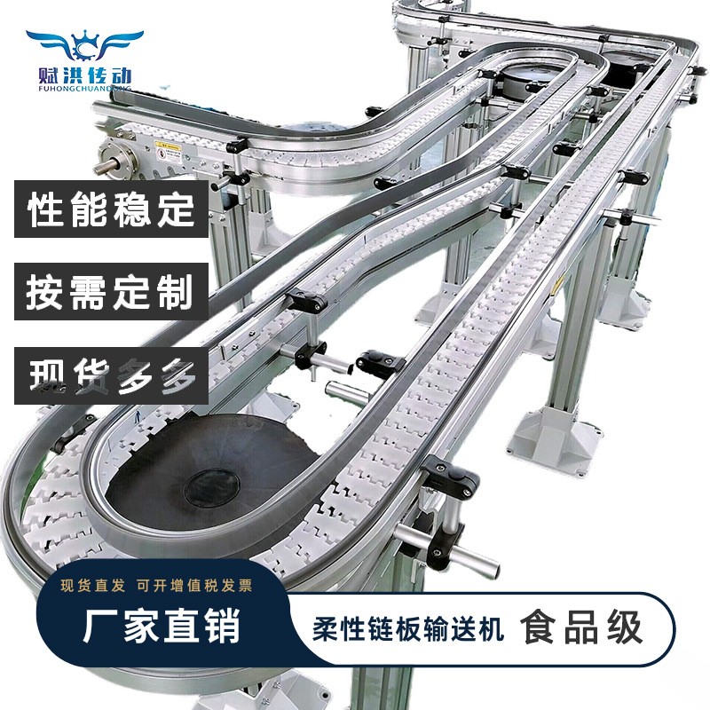 赋洪柔性链板食品灌装缓存90度转弯齿形塑料平顶爬坡提升输送机图4